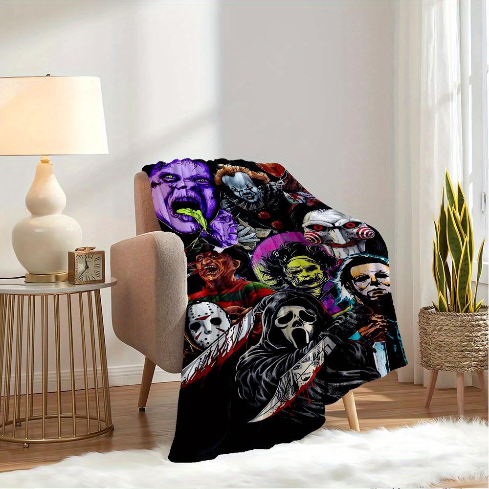For Horror Icons,Halloween Monsters,Film Characters-Themed Flannel Blanket, Glam Style, Digital Print, All-Season Comfort, Tear-Resistant, K