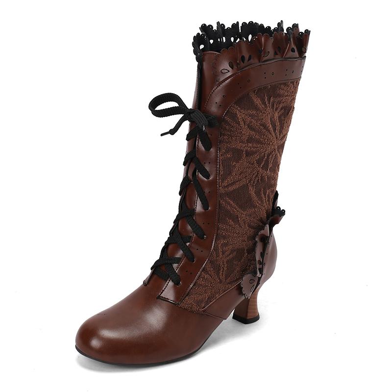Women Sexy Lace Up Mid-Calf Heel Boots Vintage Gothic Lace High Heel Boots Victorian Steampunk Cosplay Autumn Boots Shoes 34-48