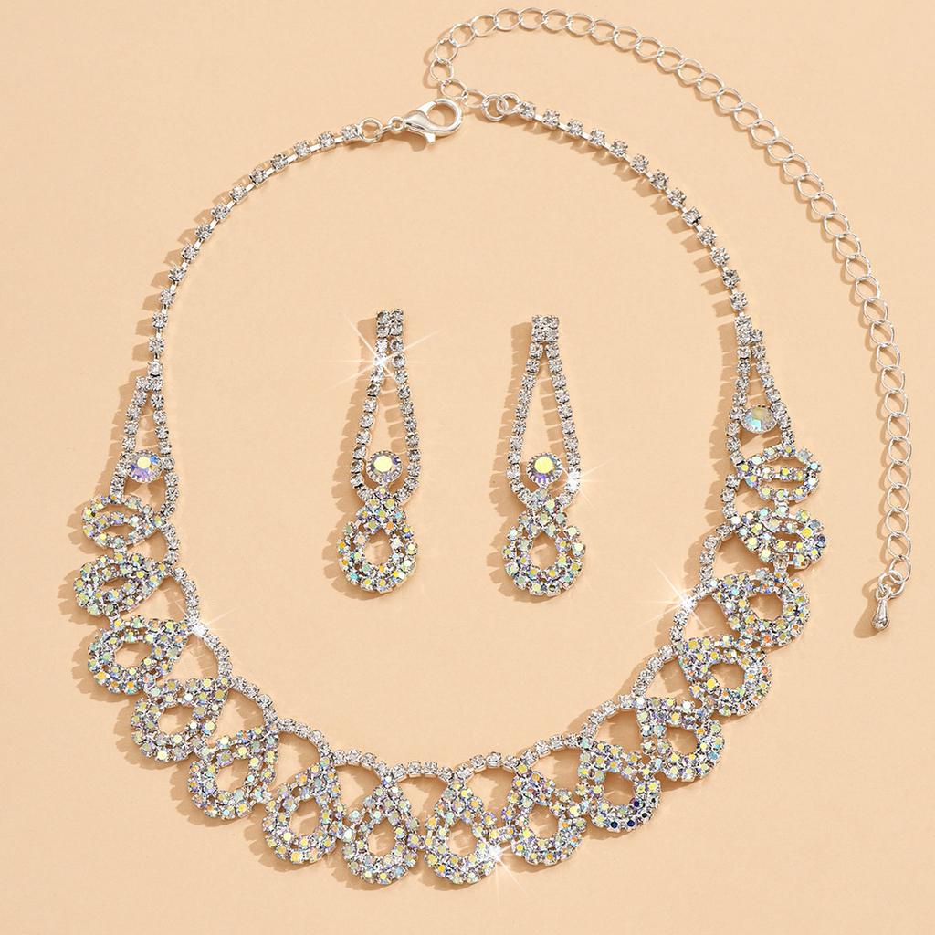 Luxury Geometric Hollow Super Flash Rhinestone Necklace Earrings Set Women'S Temperament Fashion Collarbone Chain Jewelry Women