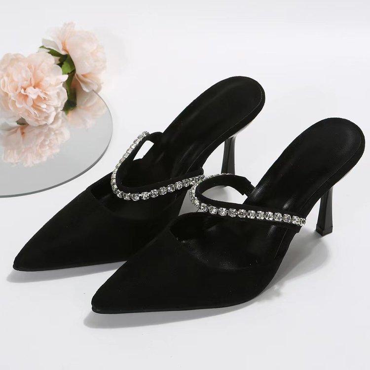 Sharp Pointed High-heeled Women's Shoes With Rhinestone Toe Cap Slippers
