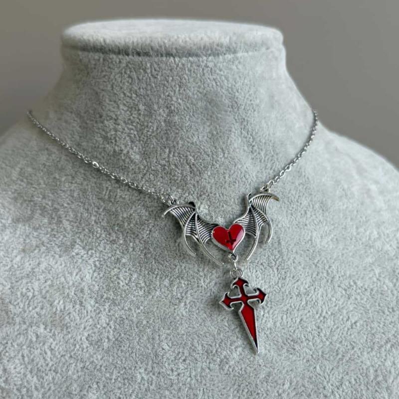 Detailed Gothic Punk Bat Wing and Heart Crosses Pendant Necklace Crafted from Alloy for Long Time Use
