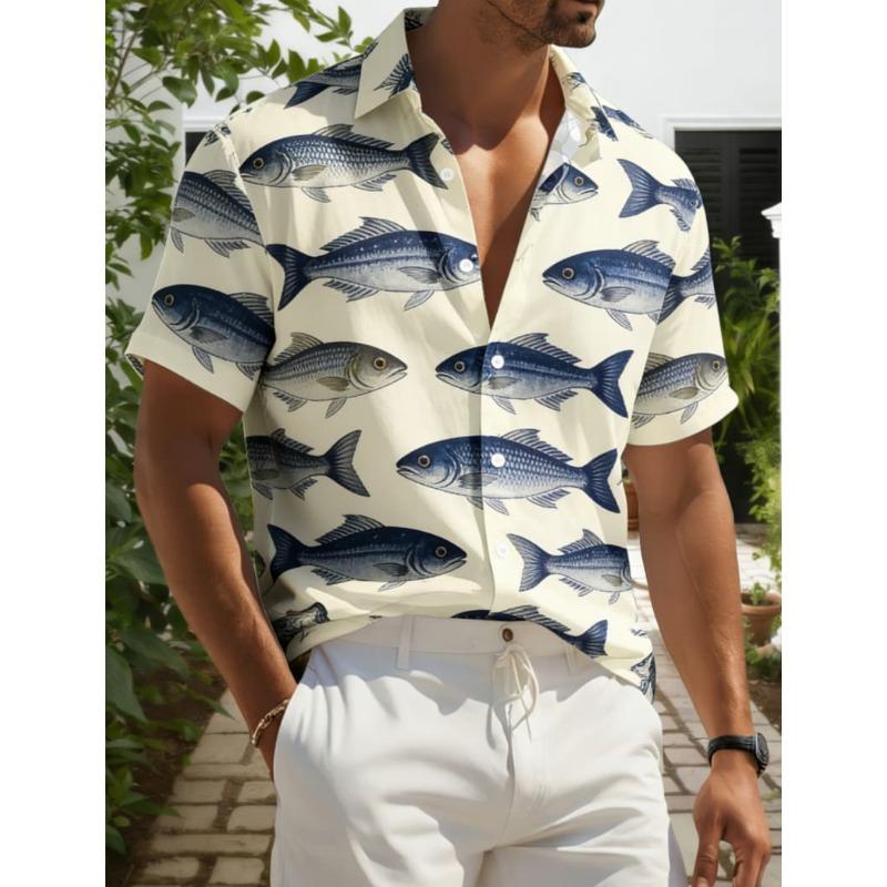 

Men s Stylish Animal Print Short Sleeve Shirt - Fish Owl Dog Print Casual Top For Summer Vacation Streetwear 4XL