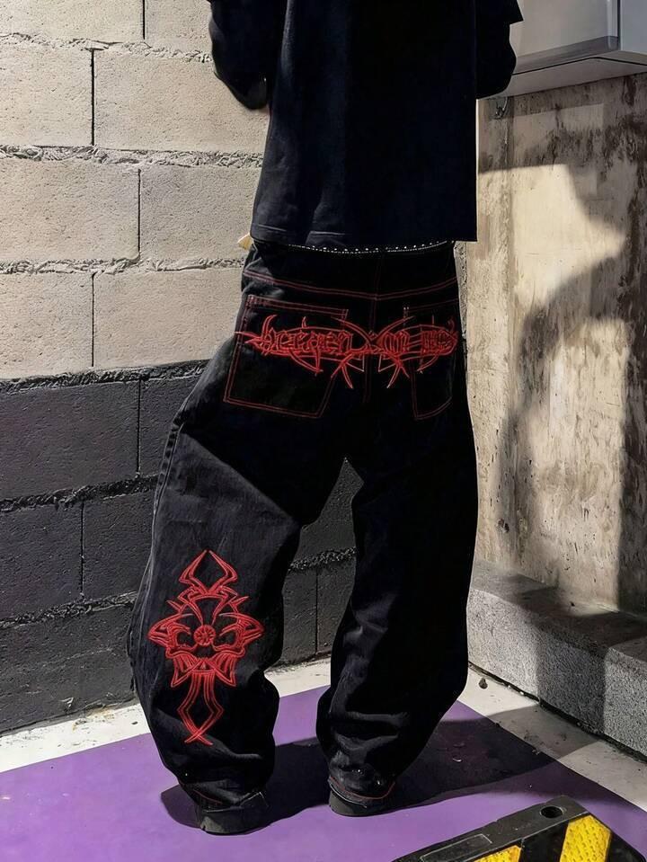 Explosive American high street tide brand full-embroidered casual pants men's loose straight casual jeans