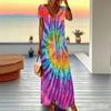 Women Plus Size Short Sleeve V Neck Rainbow Tie Dye Print Long Maxi Dress