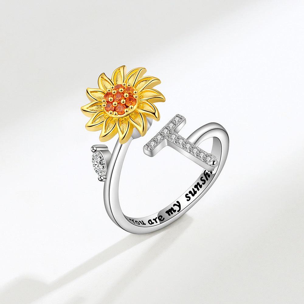 Creative Sunflower Rotating Ring 26 Letters Adjustable Open Design Women's Fashion Finger Jewelry Daily Wear & Gift Accessories