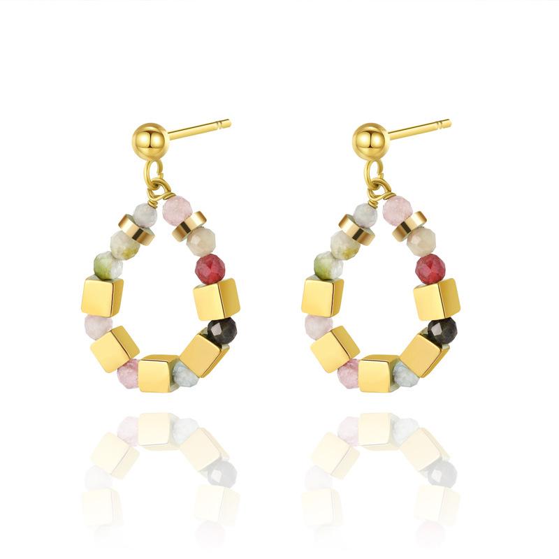 Natural Stone Beaded Spacer Square Dice Stud Earrings Titanium Steel Plated Real Gold Women'S French Retro Stainless Steel Earrings