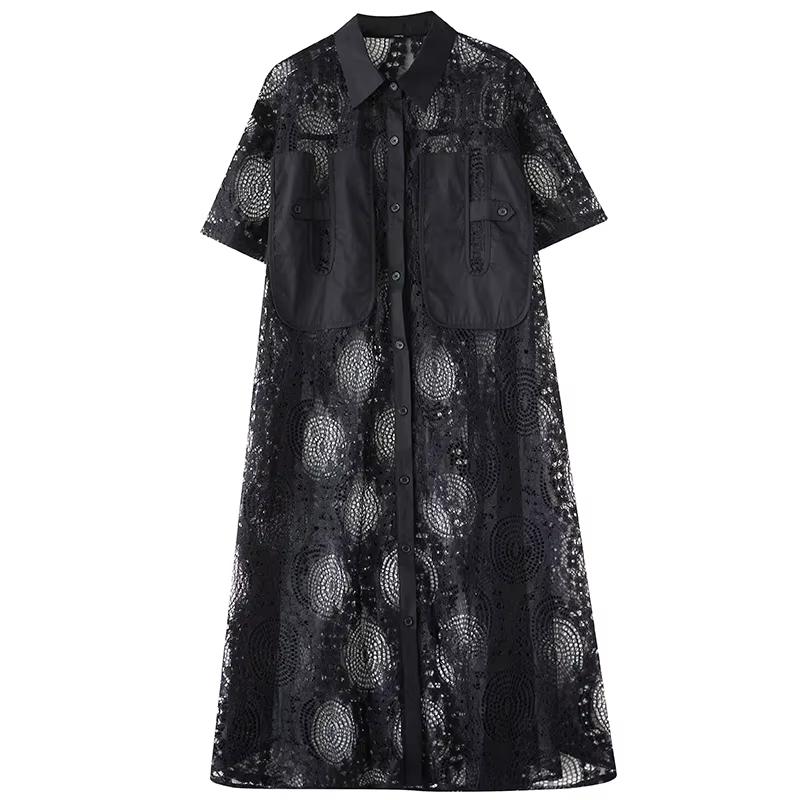 

Xitao Платье А-силуэта однотонного повседневного кроя с отложным воротником и короткими рукавами GMM1085 One Size чёрный