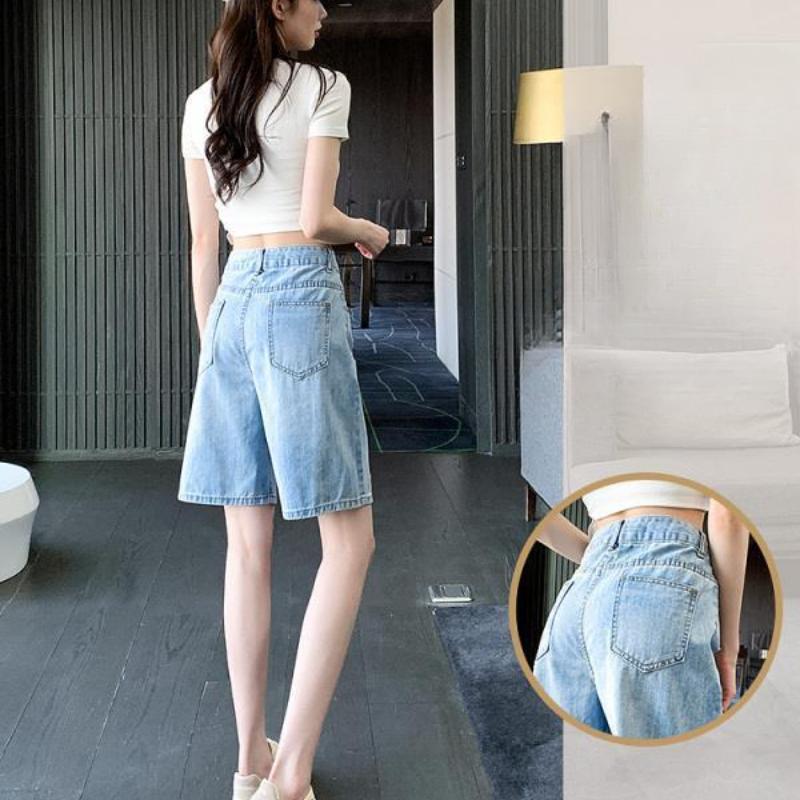 Large High Waisted Denim Shorts for Women Five Quarter Length Shorts Summer Thin Style Straight Tube Loose Fit Ripped Hole Embroidered Middle Pants