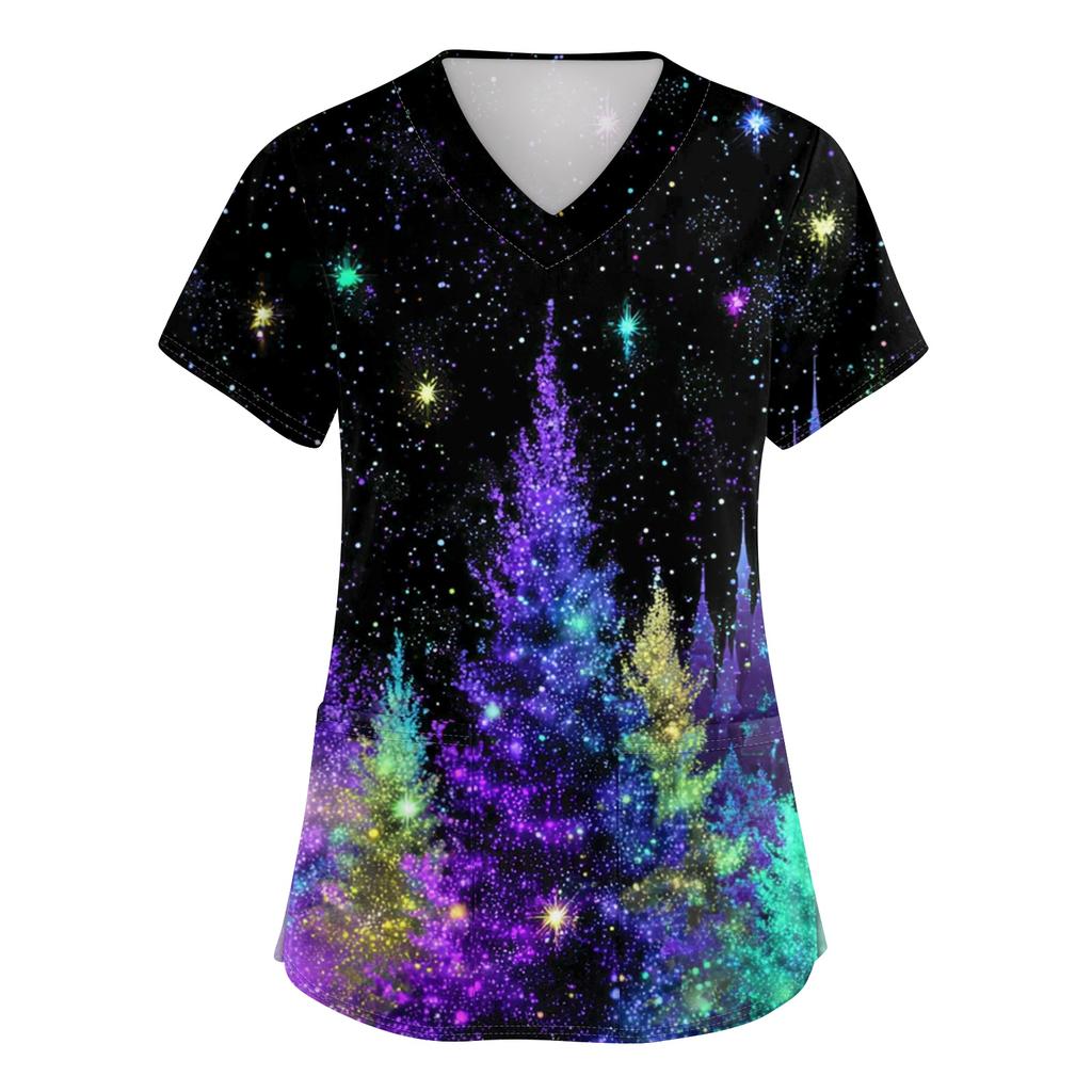 Women's V-neck Christmas printed short-sleeved pocket side-slit protective suit top