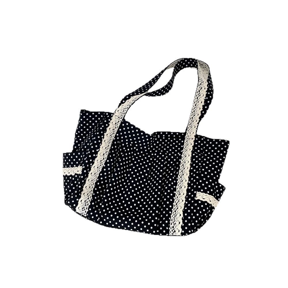 1 Polka Dot Canvas Bag Women's Niche Sweet Lace Shoulder Bag Commuter Large Capacity Tote Bag