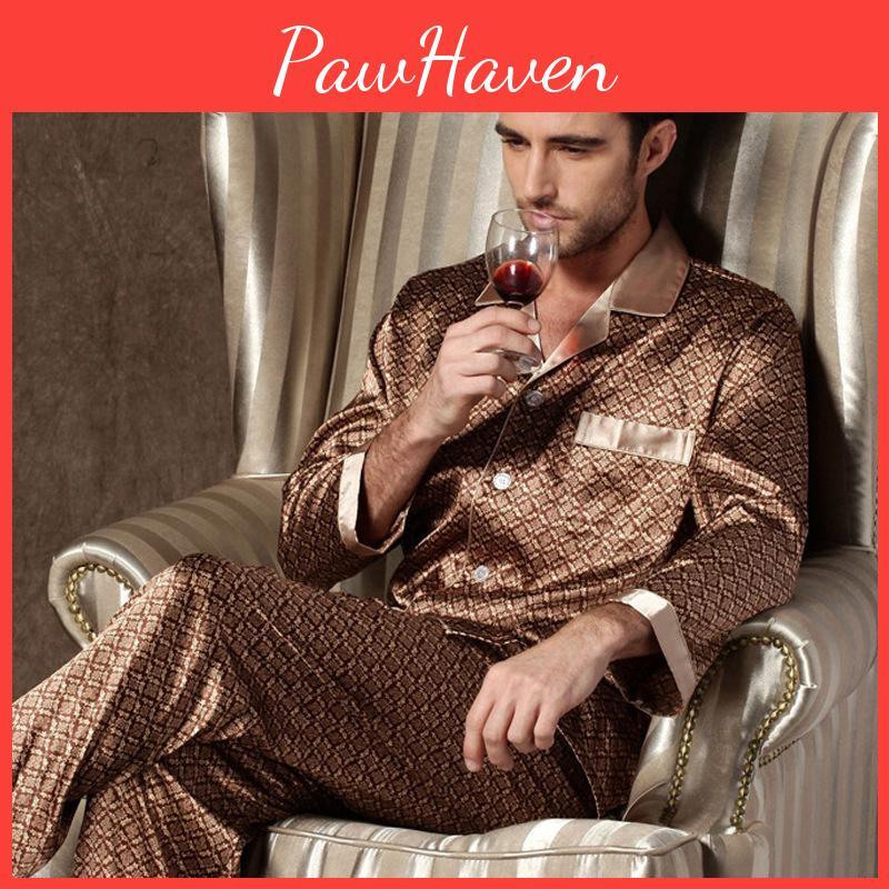 Quality High Spring Thin Autumn Pajamas Set Men Polyester Ice Silk Longsleeved Sleepwear Summer Home Clothes Men