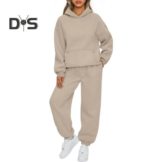 2 ks/sada Dámské sportovní top kalhoty set s kapucí, dlouhý rukáv, čistá barva, mikina s kapucí, elastický pas, volný, kalhoty s páskem ke kotníkům, ležérní, fitness tepláky, denní