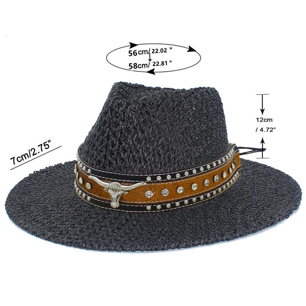 Premium new bull head rivet decorative cowboy hat women's outdoor travel visor hat hollow design straw hat