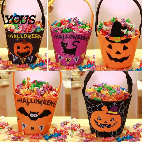 Lightweight Carrying Bag Halloween Trick or Treat Bucket for Kids, Pumpkin Face Ghost Bat Cat Role Play Props Candy Snack Basket, Holder with