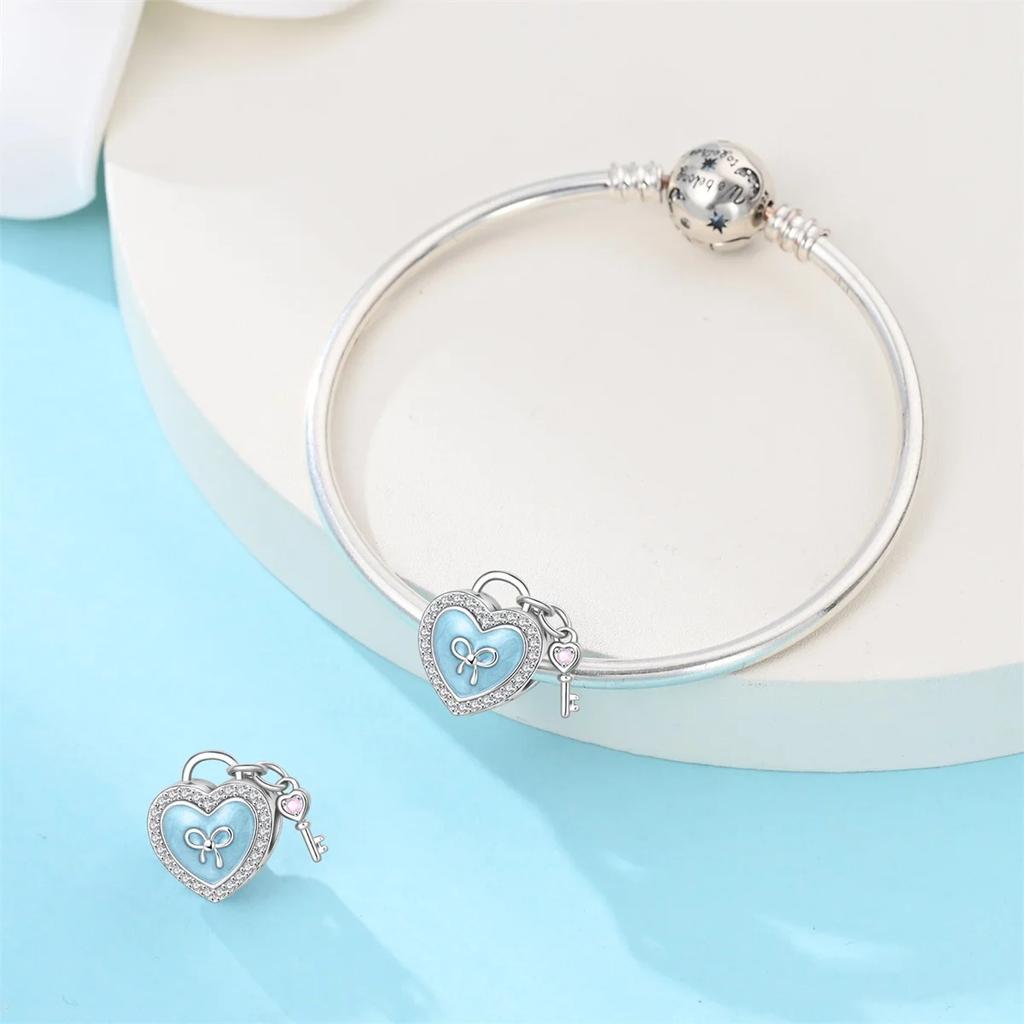 Copper Romantic French Sweet Blue Heart Lock&Bow Ballet Shoes Charm Beads Fit Arm Bracelet DIY Craft Jewelry Piece Women Birthday Party Gift Item