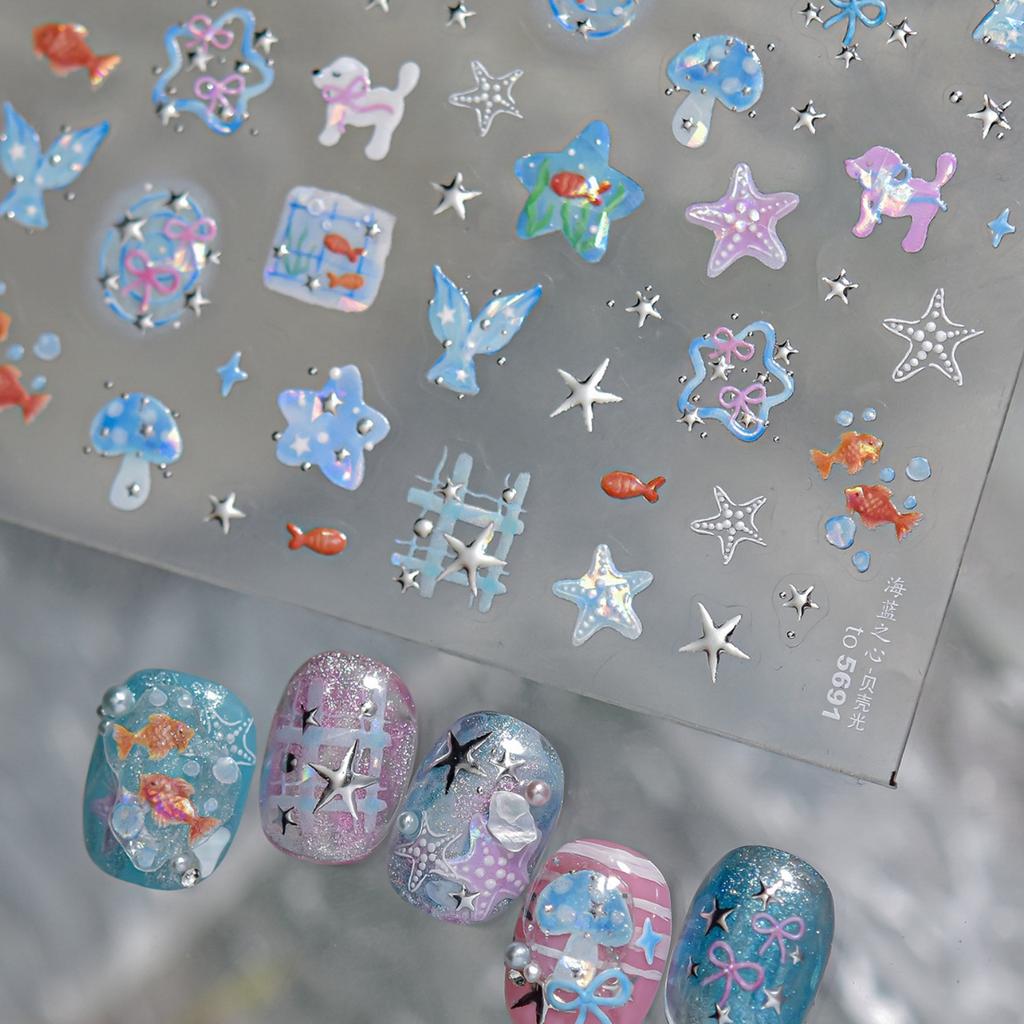 5D Starfish Fish Tail Small Fish Blue Bow Shell Silver Glitter Star Nail Art Stickers Ocean Fantasy Nail Decals Manicure