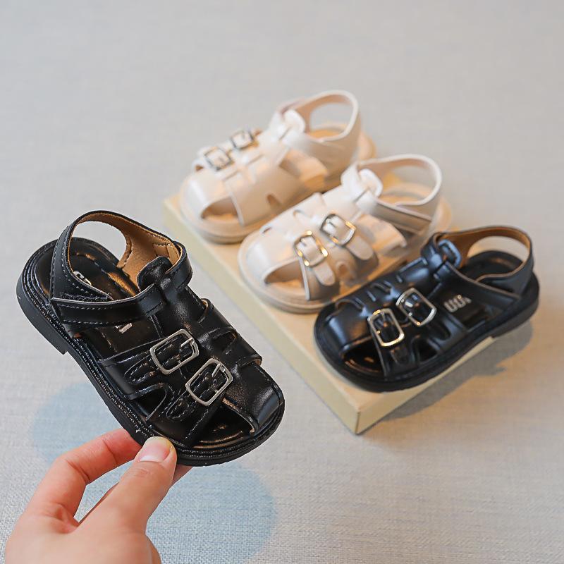 Boys Covered Toes Children Cute Retro British Style Wild School Shoes Flat Non-slip Kids Fashion 2024 Summer Sandals Hook & Loop