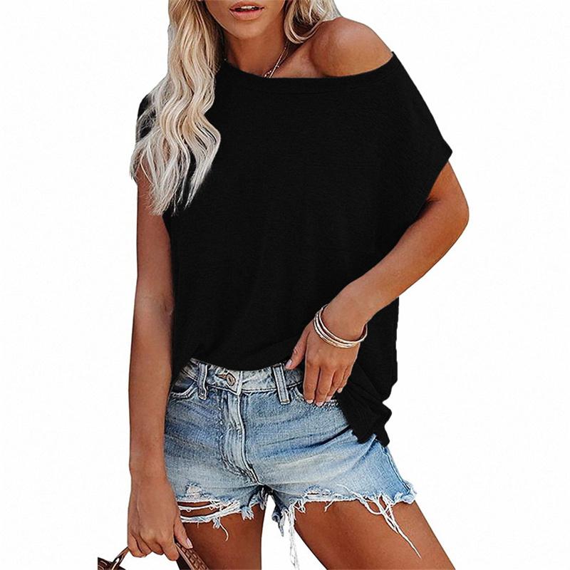 Sommer Damen Oberteil Einfarbig Tasche Schulterfrei Rundhalsausschnitt Kurzarm T-Shirt