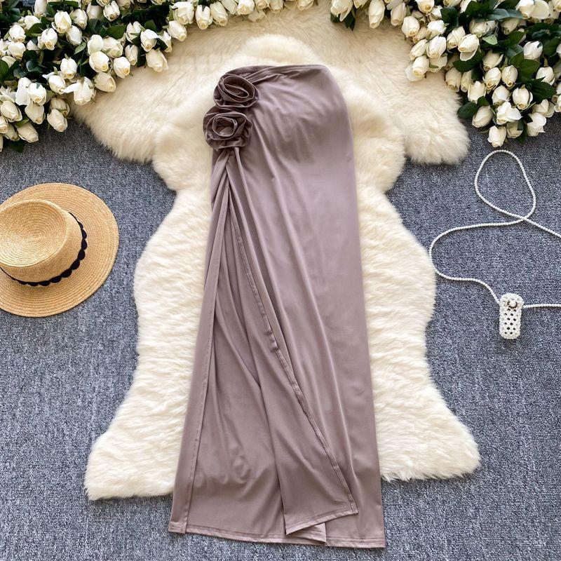 

Fashion Ins Sexy Sexy Skirt Women s Stylish Three-Dimensional Flower High Waist Slim Looking Silm Slit Midi Skirt Brown M