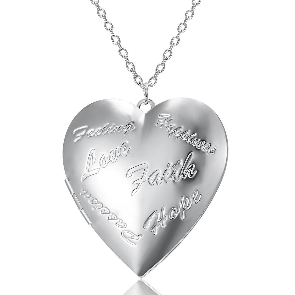 Collana con Ciondolo Medaglione a Cuore Inciso Placcato Argento con Portafoto per Donna