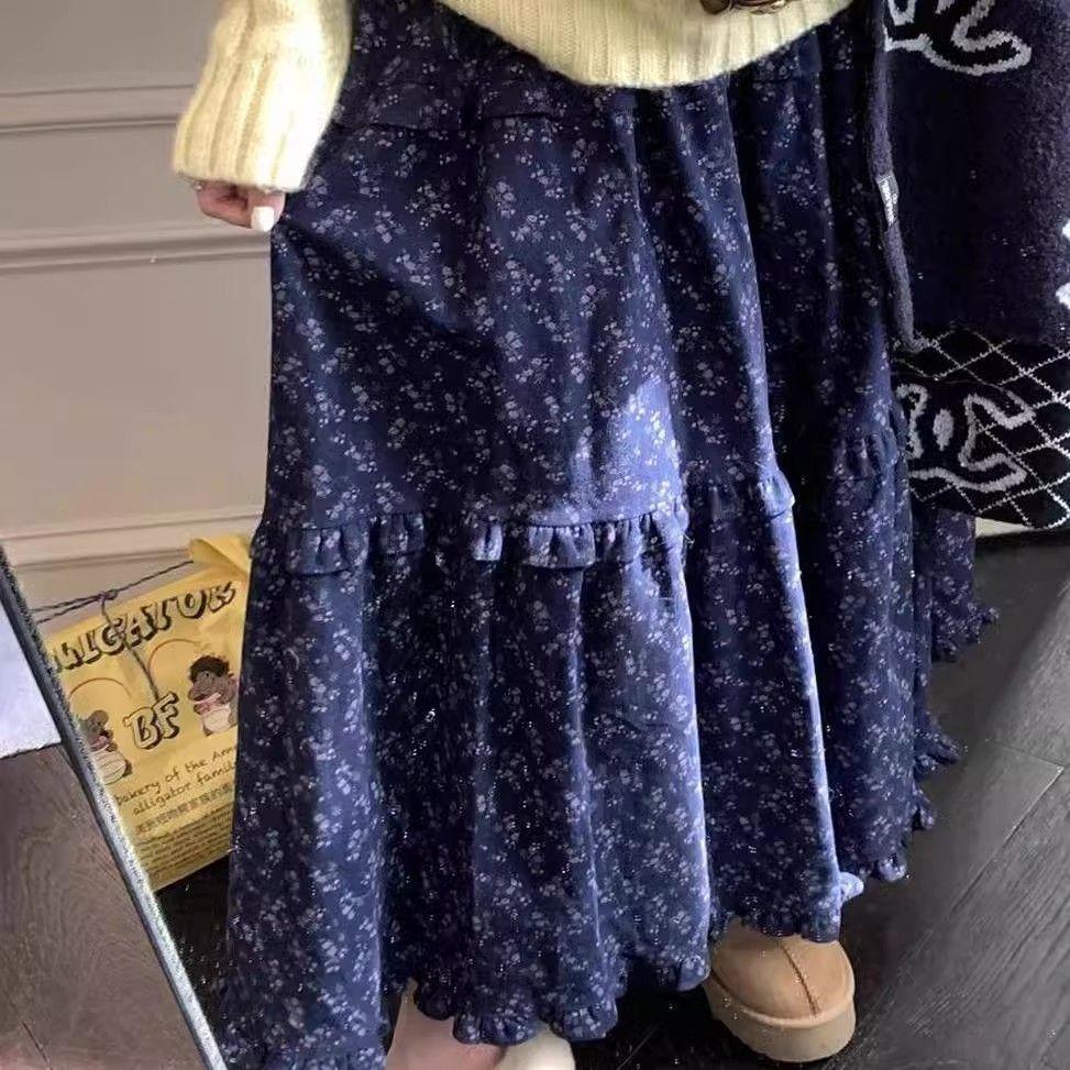 Douyin Purple Floral Retro High-Waisted Mid-Length Skirt - Autumn/Winter Slimming Cake Style