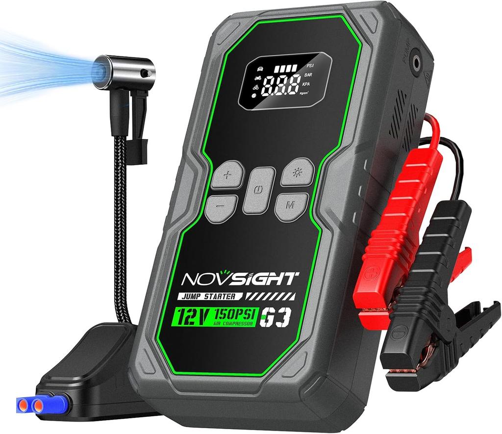 6000A 13-in-1 Portable Jump Starter with Air Compressor, 12V Power Pack for Gas/Diesel Cars, 150PSI Tire Inflator