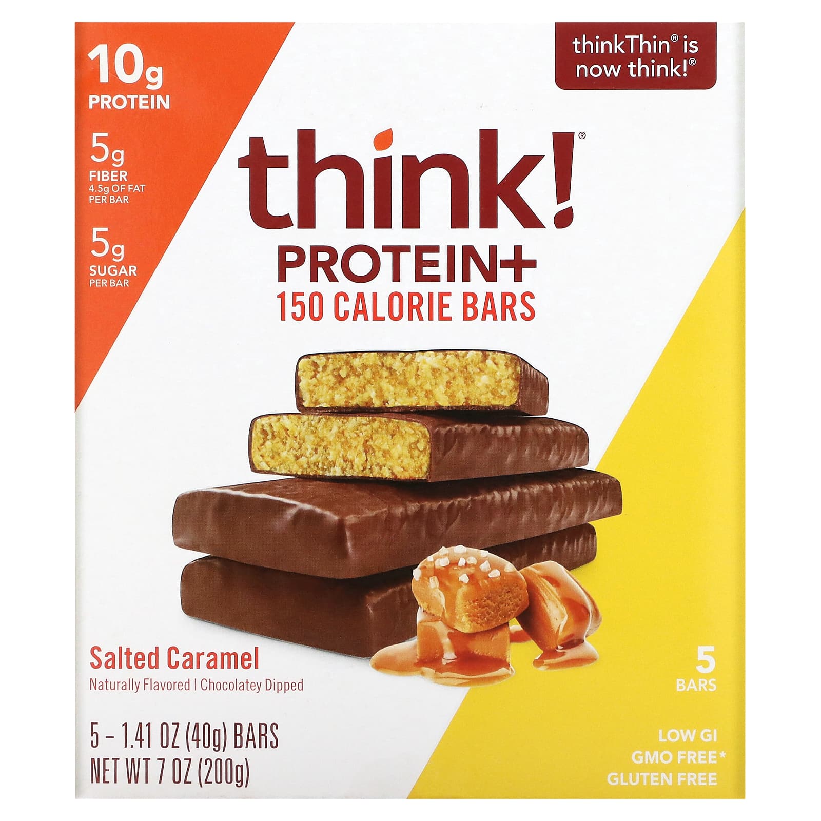 

Think!, Protein+ 150 Calorie Bars, Salted Caramel, 5 Bars, 1.41 oz (40 g) per Bar