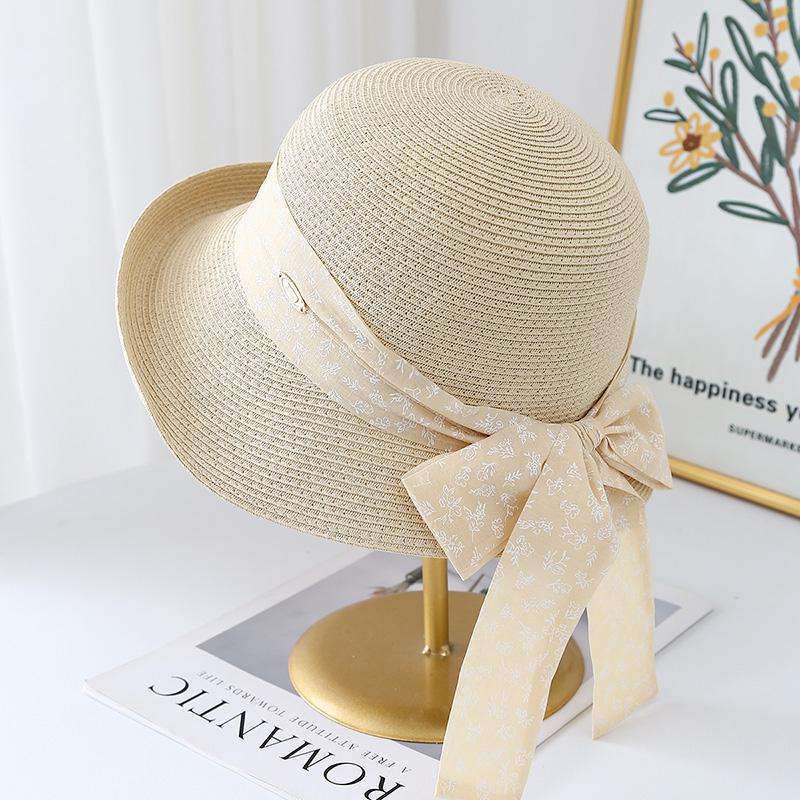 

Women s Knitted Straw Fisherman Hat Bow Ribbon Wide Brim Sun Hat Breathable Uv Protection For Beach Wedding & Travel Foldable 56-58cm бежевый