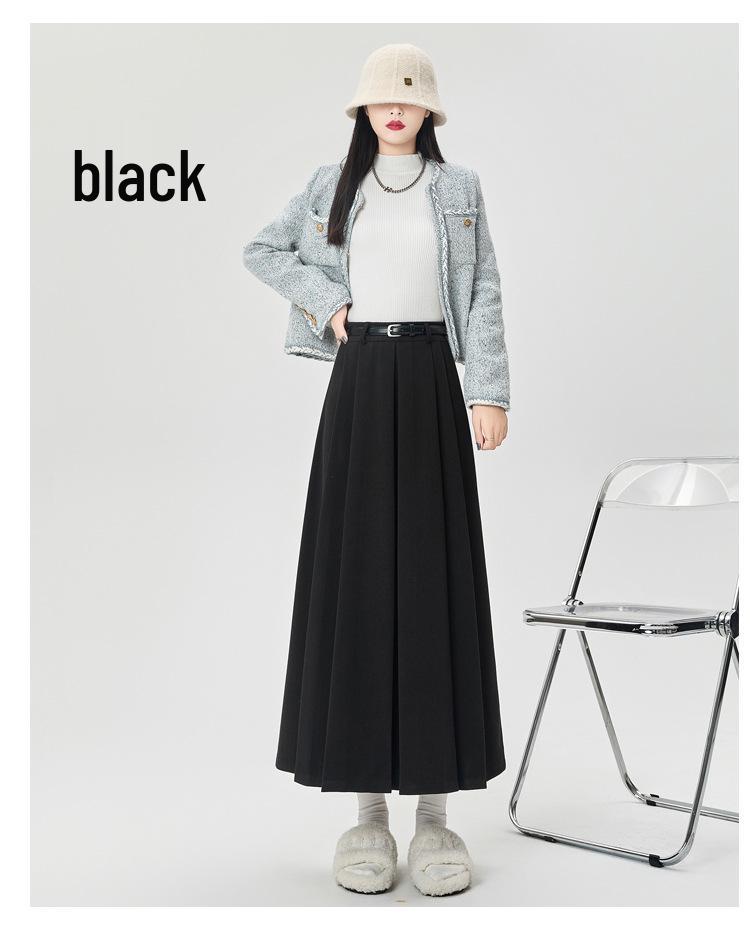 High-Waisted Coffee Wool Skirt for Women, Autumn-Winter Style, Pleated A-Line, Petite Fit, Mid-Length, Perfect Drape