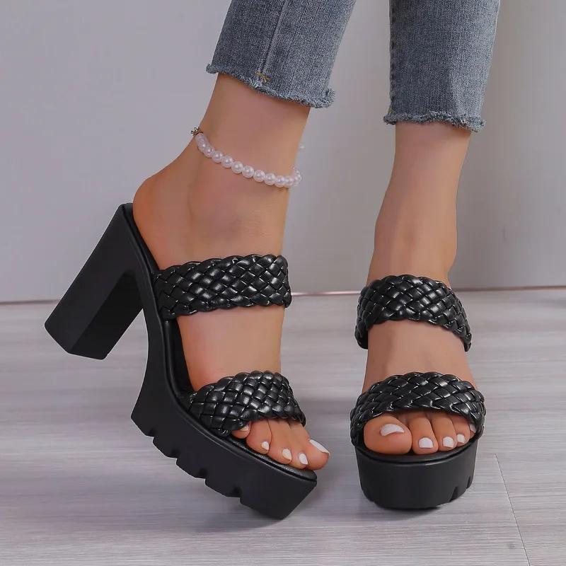 

Летняя популярная женская обувь, модные однотонные женские тапочки с открытым носком, римские толстые каблуки, женская пляжная обувь на высоком каблуке 43 чёрный