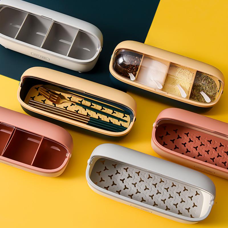 Dispensador de condimentos con tapa transparente, caja de almacenamiento de cuatro rejillas para cocina sencilla, juego de tarros para condimentos a prueba de polvo, caja para palillos