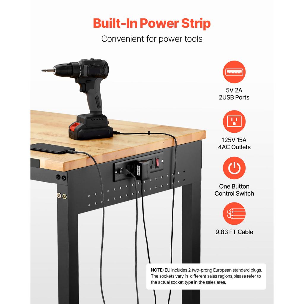 SucceBuy 48-Inch Adjustable Workbench 2000 lbs Load Work Bench with Power Outlet Wheels and Pegboard for Garage Workshop Home