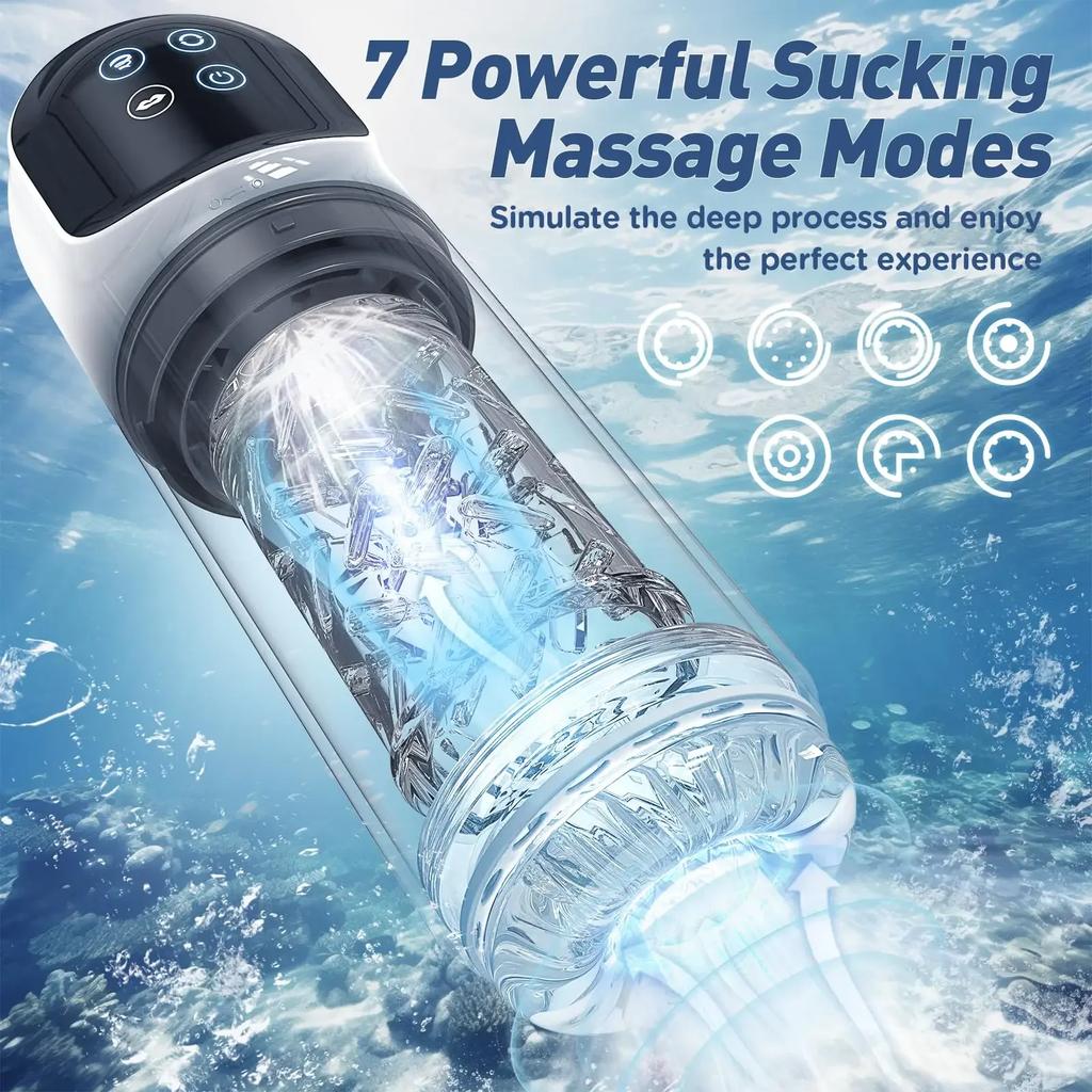 Automatic Telescopic Male Masturbator 7 Sucking Rotating Licking Mode LCD Vacuum Penis Pump Water SPA Pocket Pussy Adult Sex Toy