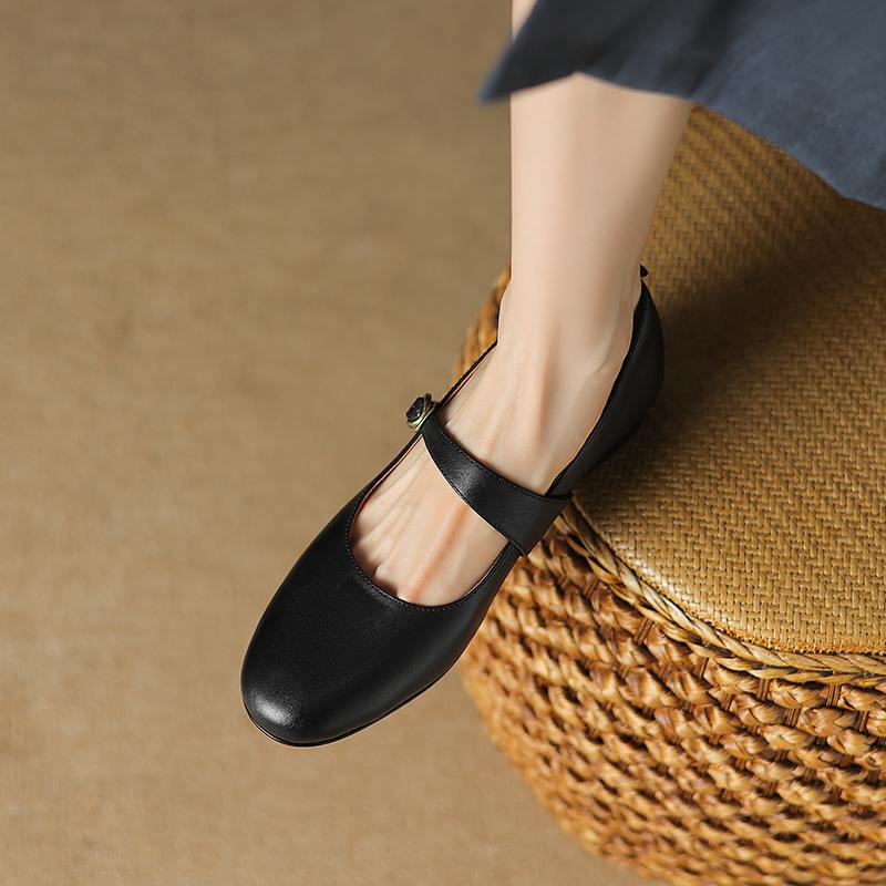 Hovězí kůže s kulatou špičkou tlusté střední podpatky podzimní boty Mary Janes pevné dámské lodičky