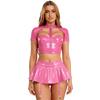 Womens PU Leather Crop Top Cutout Short Sleeve Push-up Underwire Built-in Thong Mini Skirt Rave Clubwear