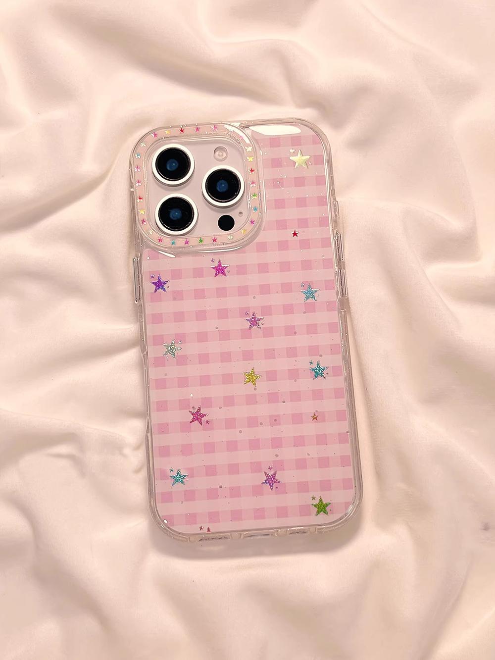 

Cute Colorful Stars Sweet Pink Grid Pattern Phone Case for iphone 17pro 17 Promax 14 15 16 Promax 13 Lovely Shockproof Cover iPhone 13