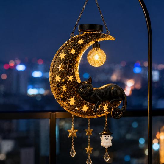 Waterproof Solar Powered Path Light Halloween Hanging Moon Cat Lamp with Ghost Star Charm, Black On Crescent Whimsical Sculpture for Garden Wind Chime