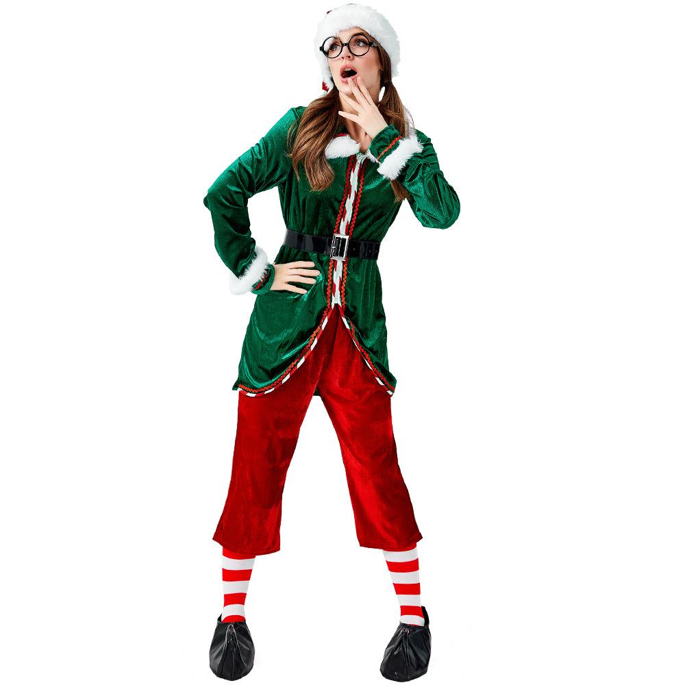 Adult Women Christmas Xmas Green Elf Top Pants Hat Socks Sets Halloween Role Play Dress Up Cosplay Costume