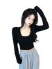 Autumn new pure desire Spice Girl big U-neck thin slim short white long-sleeved T-shirt top women's fashion