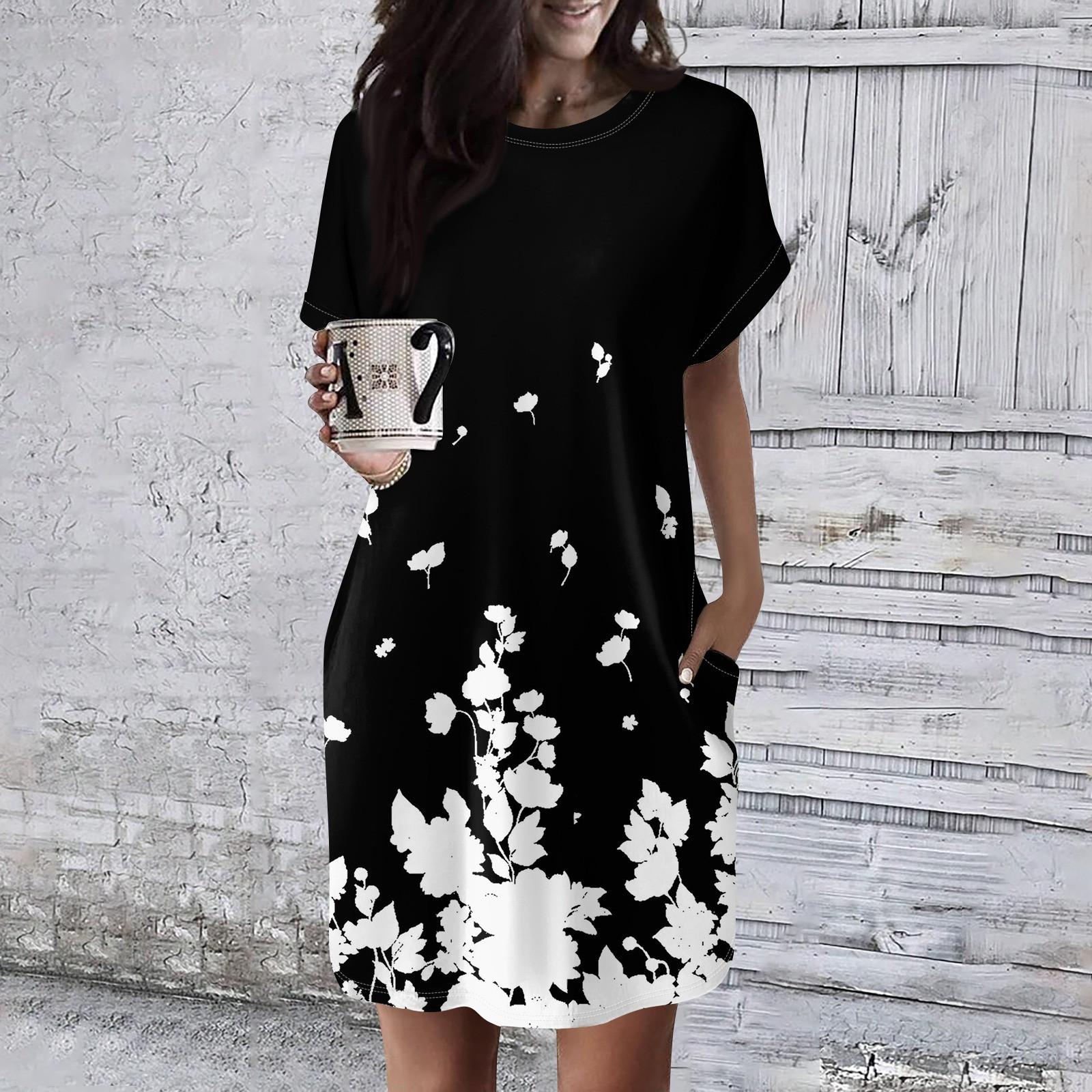 

Женское платье с круглым вырезом и коротким рукавом, повседневные летние платья-туники, свободное платье с карманом L чёрный