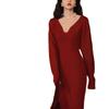 Autumn and winter new gentle with coat sweater with bottom V-neck medium and long knitted dress women