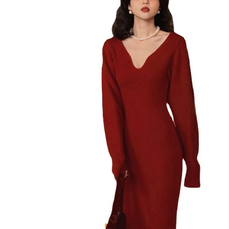 Autumn and winter new gentle with coat sweater with bottom V-neck medium and long knitted dress women