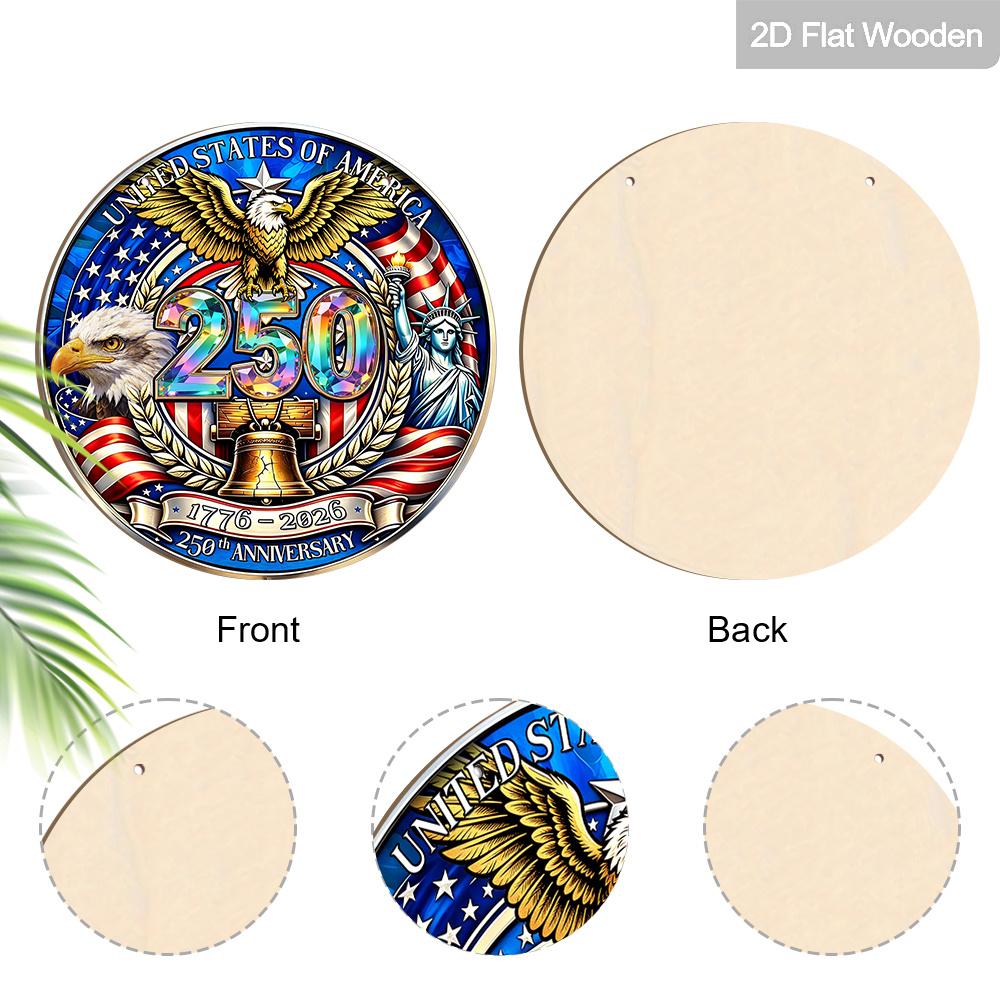 2D Flat USA 250th Anniversary 1776-2026 Wooden Hanging Sign, Stained Glass Style Round Plaque with Bald Eagle, Statue of Liberty & Liberty Bell