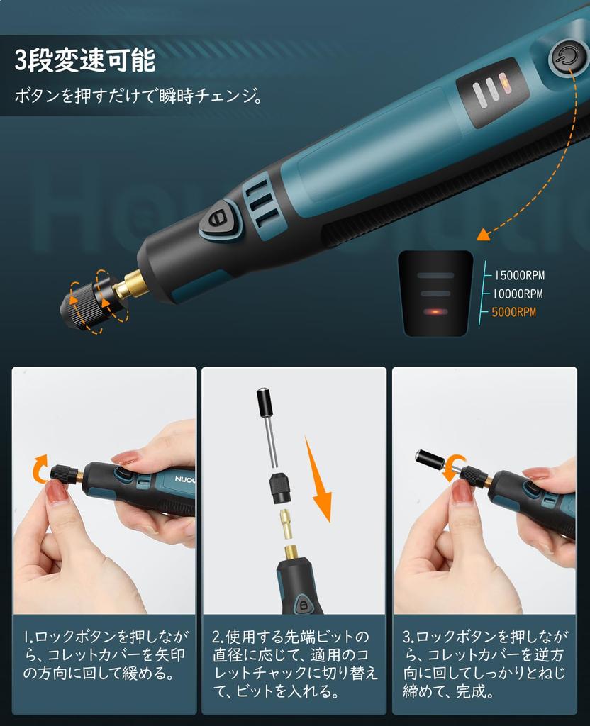 Housolution Mini Elektrisch Mini U/min USB für Rostfleck und Nagel Kabellos Leichte Ausführung DIY Japanische Bedienungsanleitung Schwarz Blau Router, 50-teiliges Set,