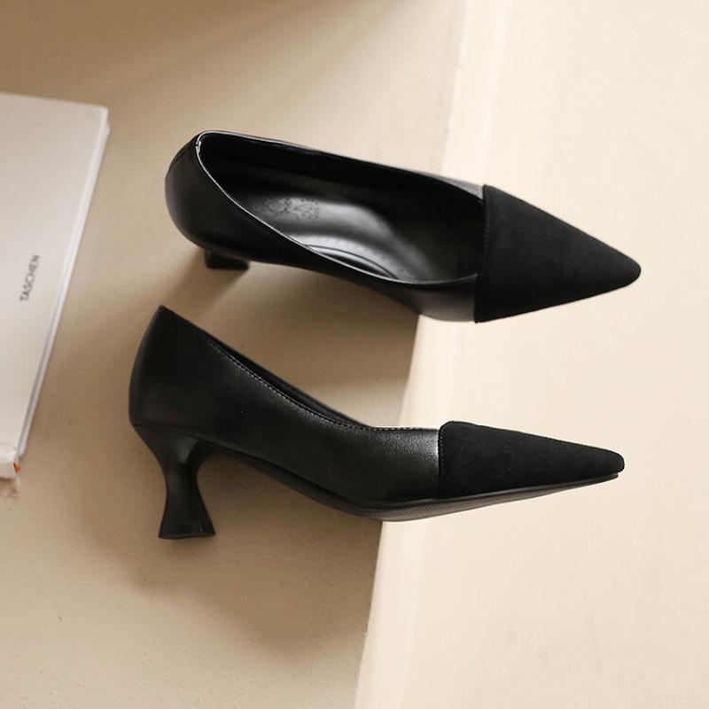 

New women s high heels casual color matching light mouth one pedal lazy shoes women s leather shoes pointed square heel low top shoes 39 чёрный