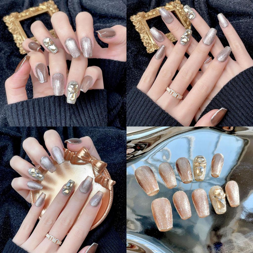 New Autumn And Winter Handmade Nail Stickers Pure Color Cat Eye French Style Flashing Rhinestone False Nails