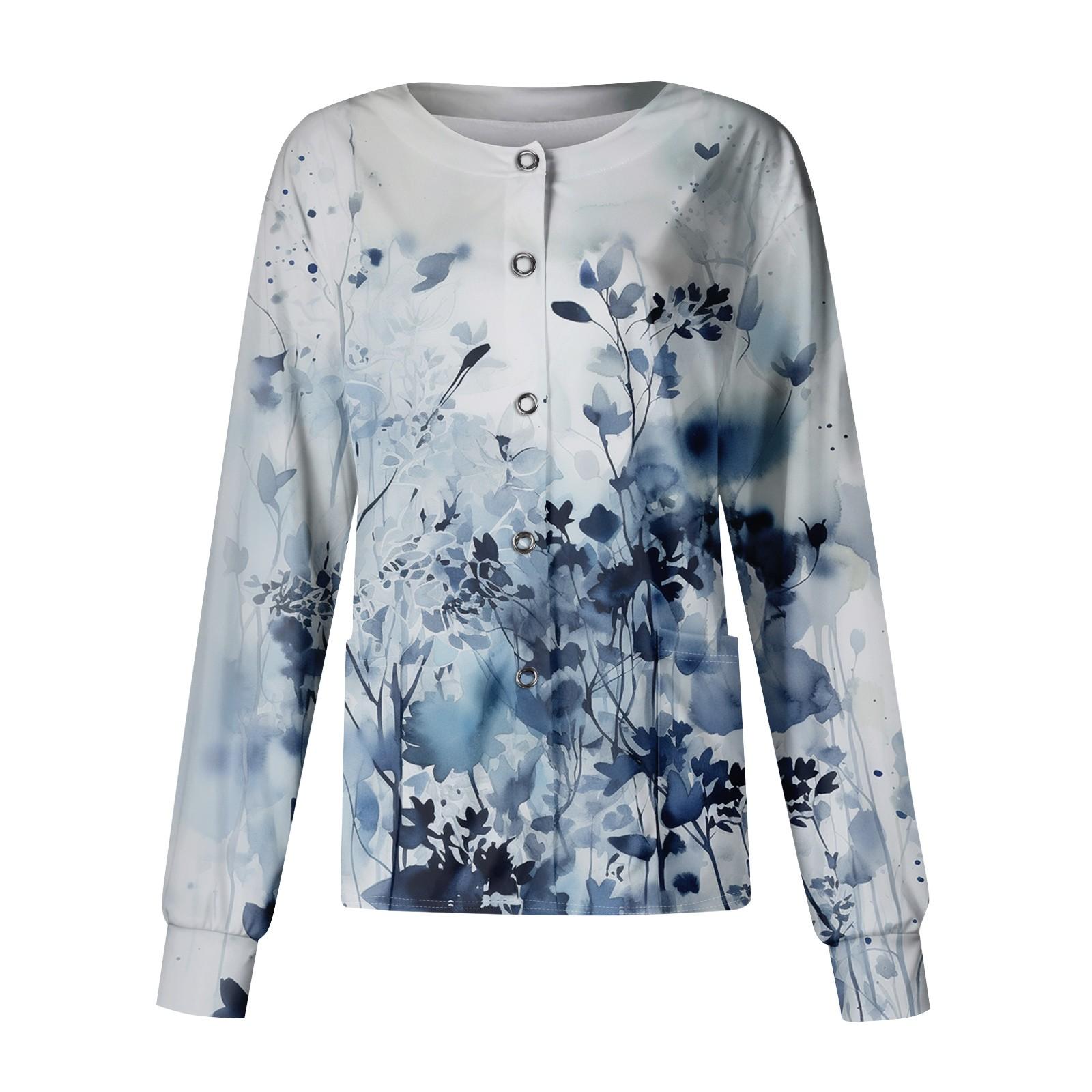 

Женский повседневный однобортный однобортный кардиган с длинным рукавом и принтом, рабочая одежда, топ L синий