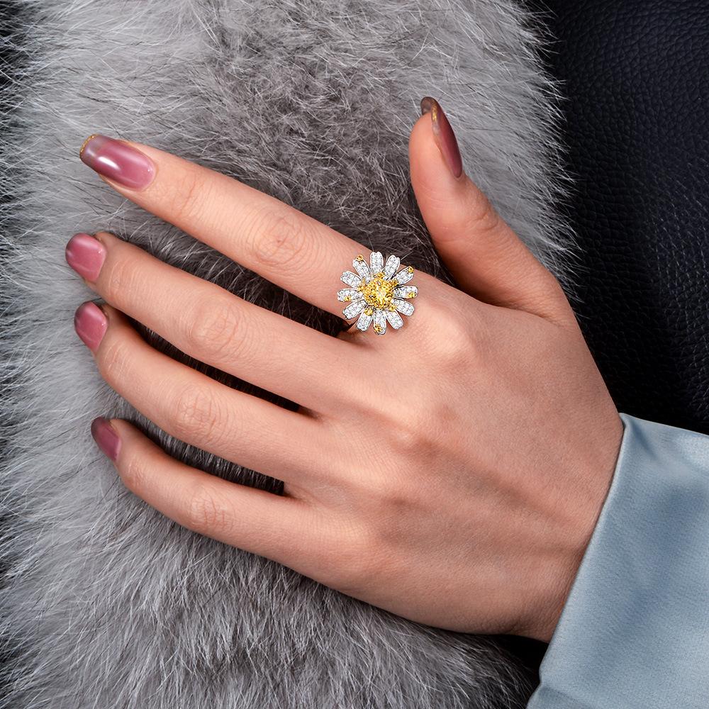 Tancise Creative Daisy Ring Female Deluxe Inlaid Zircon Fashion Elegant Flower 925 Sterling Silver.