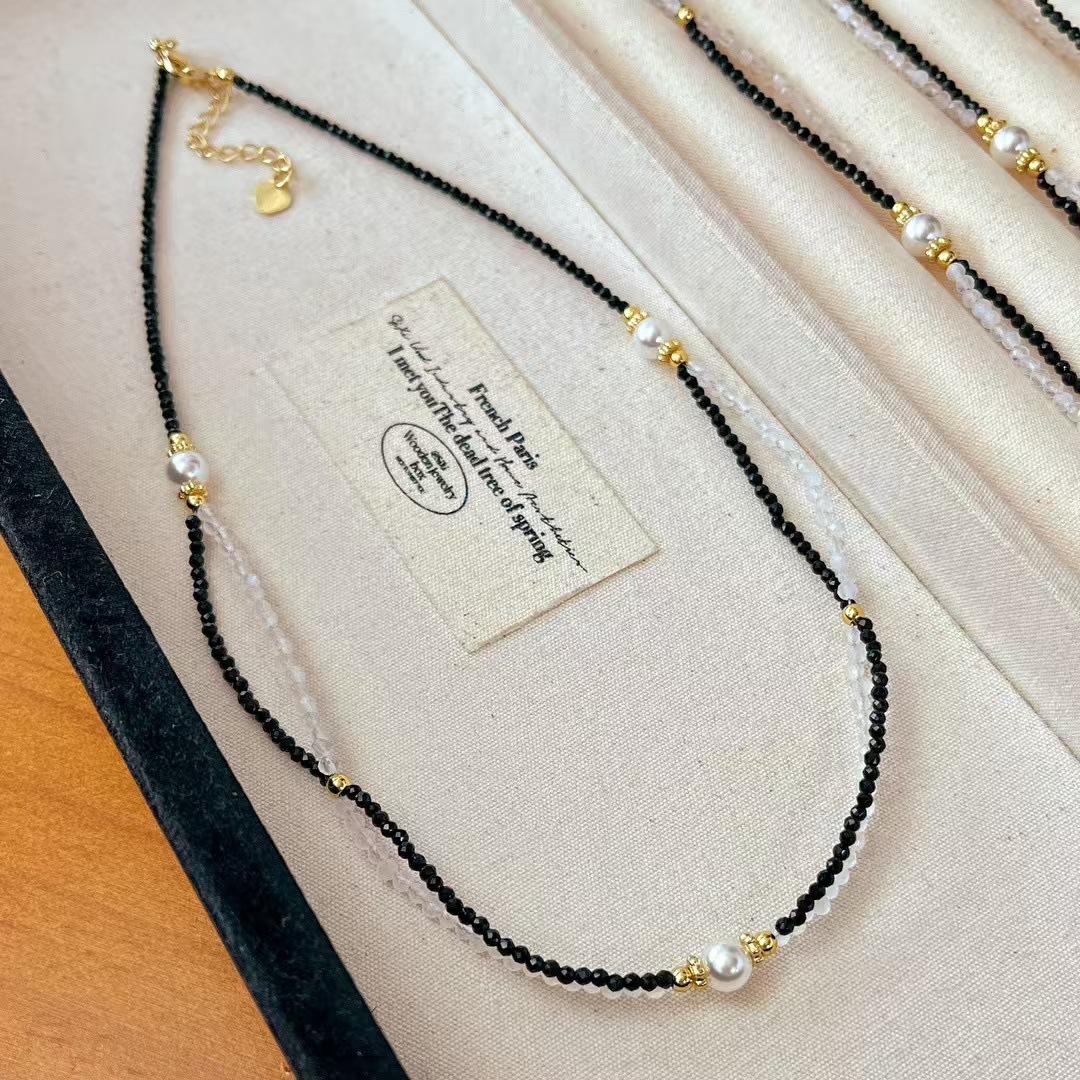 

Vintage Natural Moonstone Artificial Black Spinel Cross Double Necklace Clavicle Chain