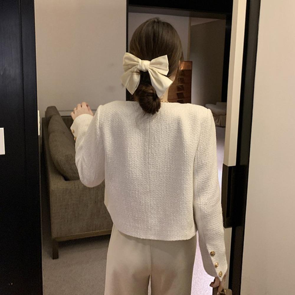 Slim Tweed Cropped Jacket Long Sleeve Elegant Short Coats Woman Vintage Outerwear  Spring Autumn